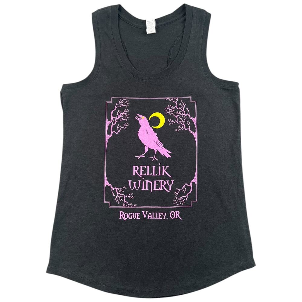 Rellik Winery Rogue Valley Oregon Raven Graphic Racerback Tank Top Goth Witchy S